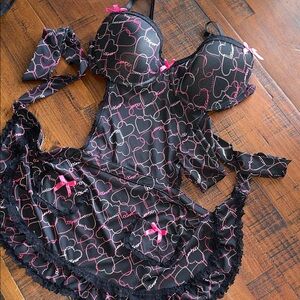 Heart Patterned Black and Pink Lingerie Set XOXO